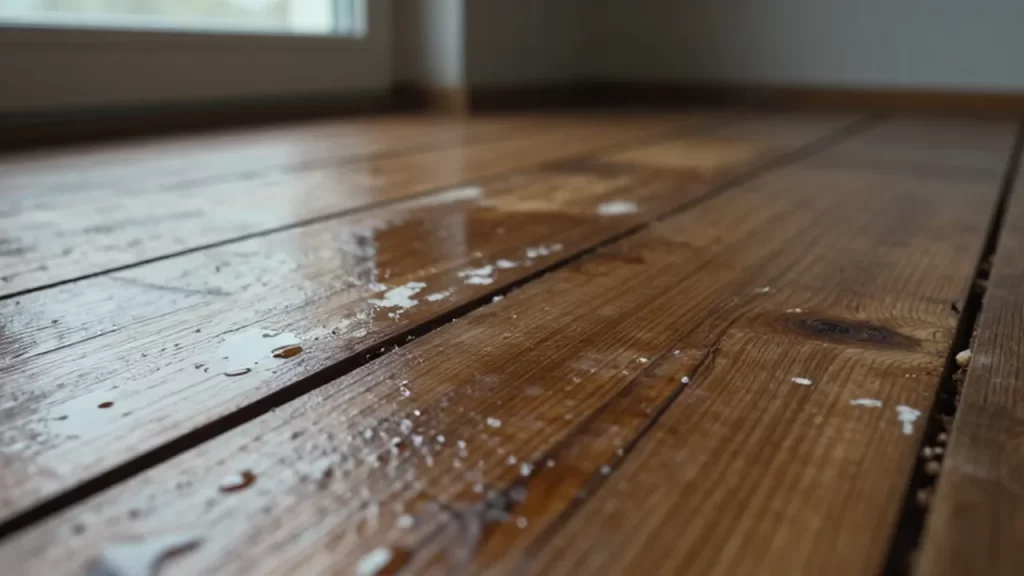 Tablas de madera de roble oscuro con manchas de humedad y gotas de agua entre las grietas.