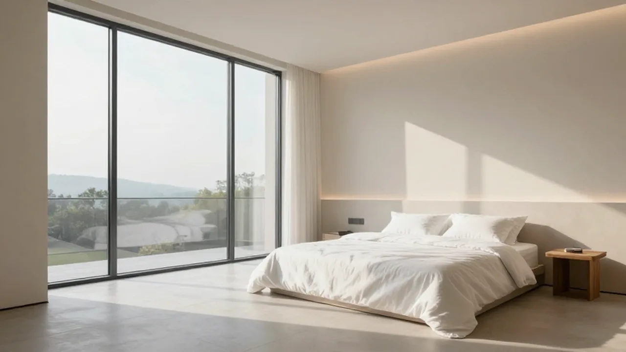 Dormitorio minimalista luminoso con cama de lino blanco y grandes ventanales con luz natural.