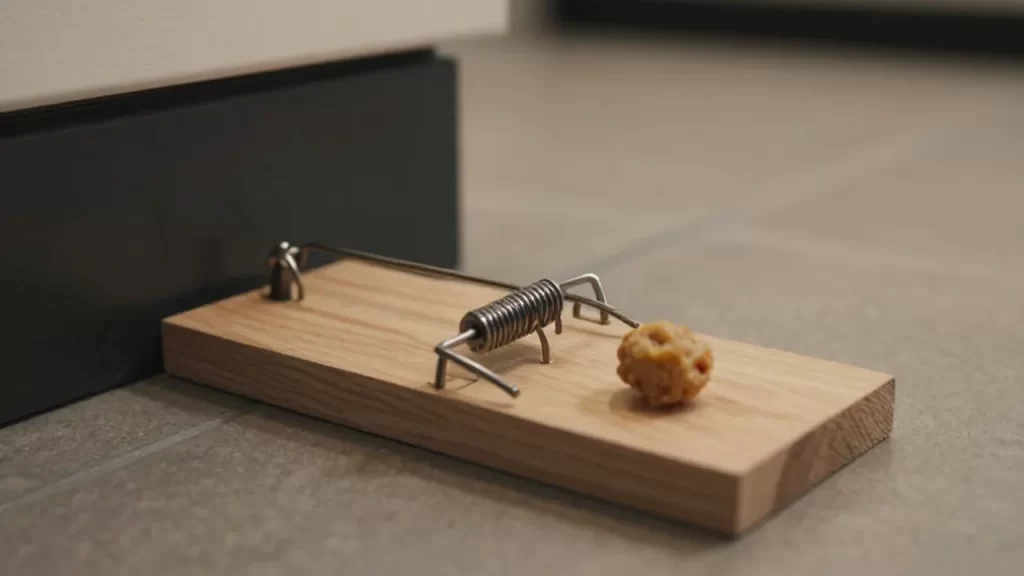 Trampa de madera para roedores con cebo sobre el zócalo de una cocina oscura.