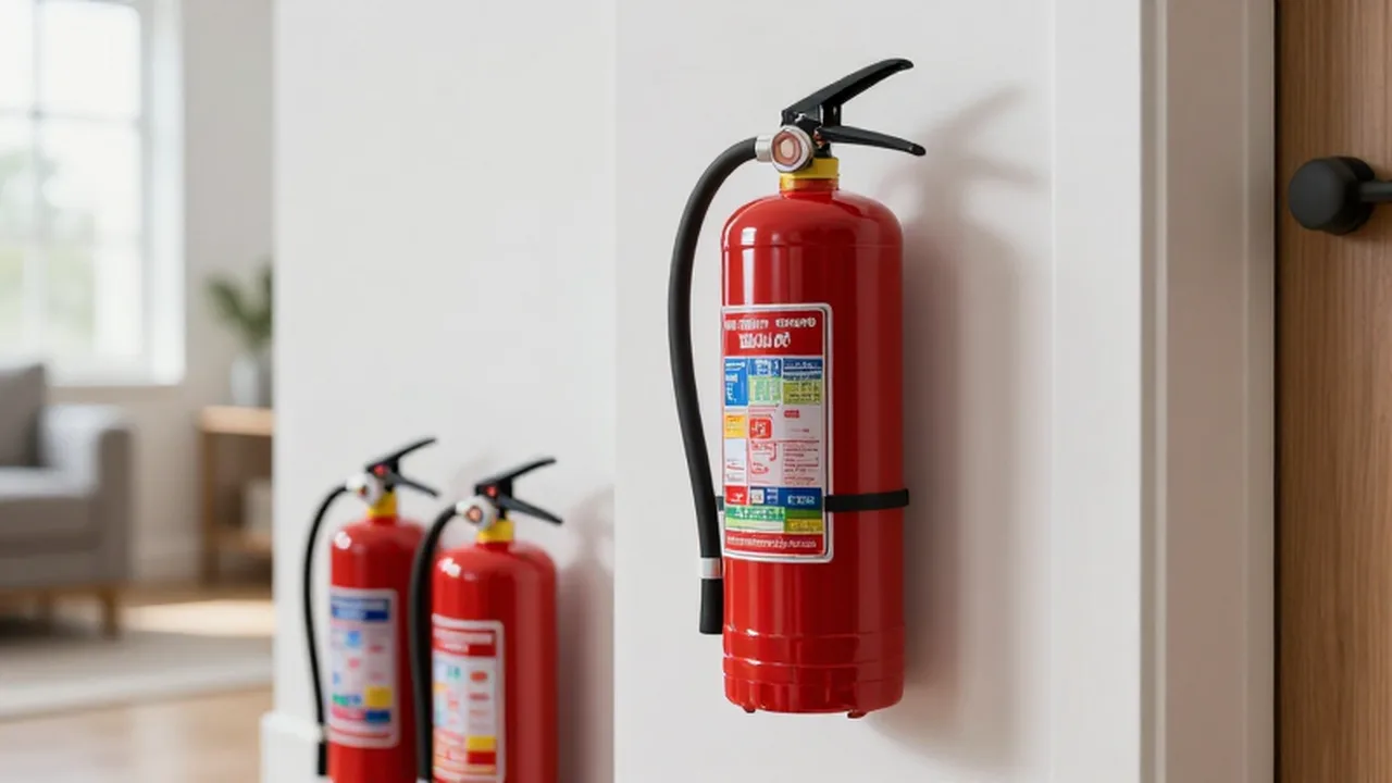 Extintor rojo montado en pared blanca con otros tres equipos de seguridad en el suelo.