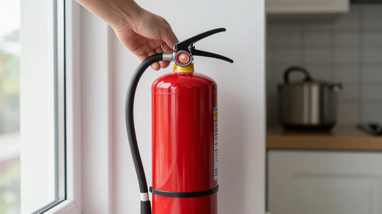 Mano de una persona acercándose a un extintor rojo montado en la pared de una cocina.