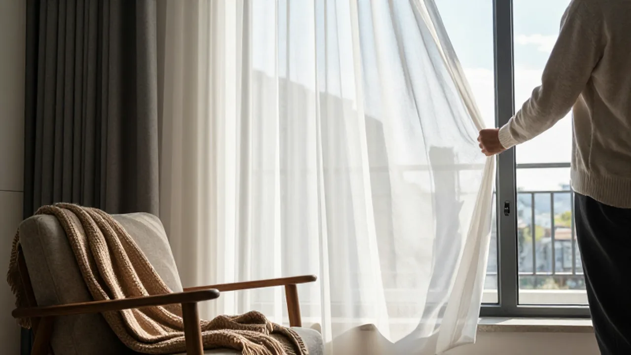 Persona abriendo un gran ventanal en una sala moderna y luminosa con cortinas blancas al viento.