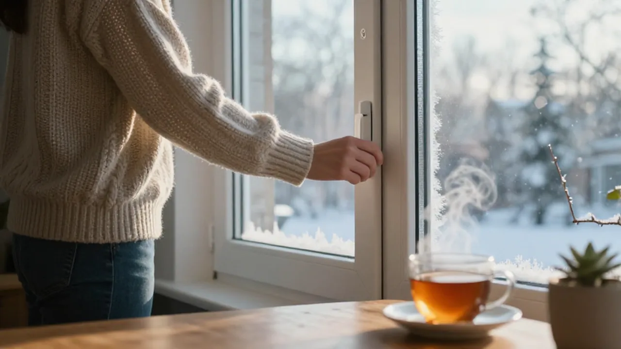 Persona con suéter de lana ajustando la ventana de una acogedora sala durante una tarde invernal.