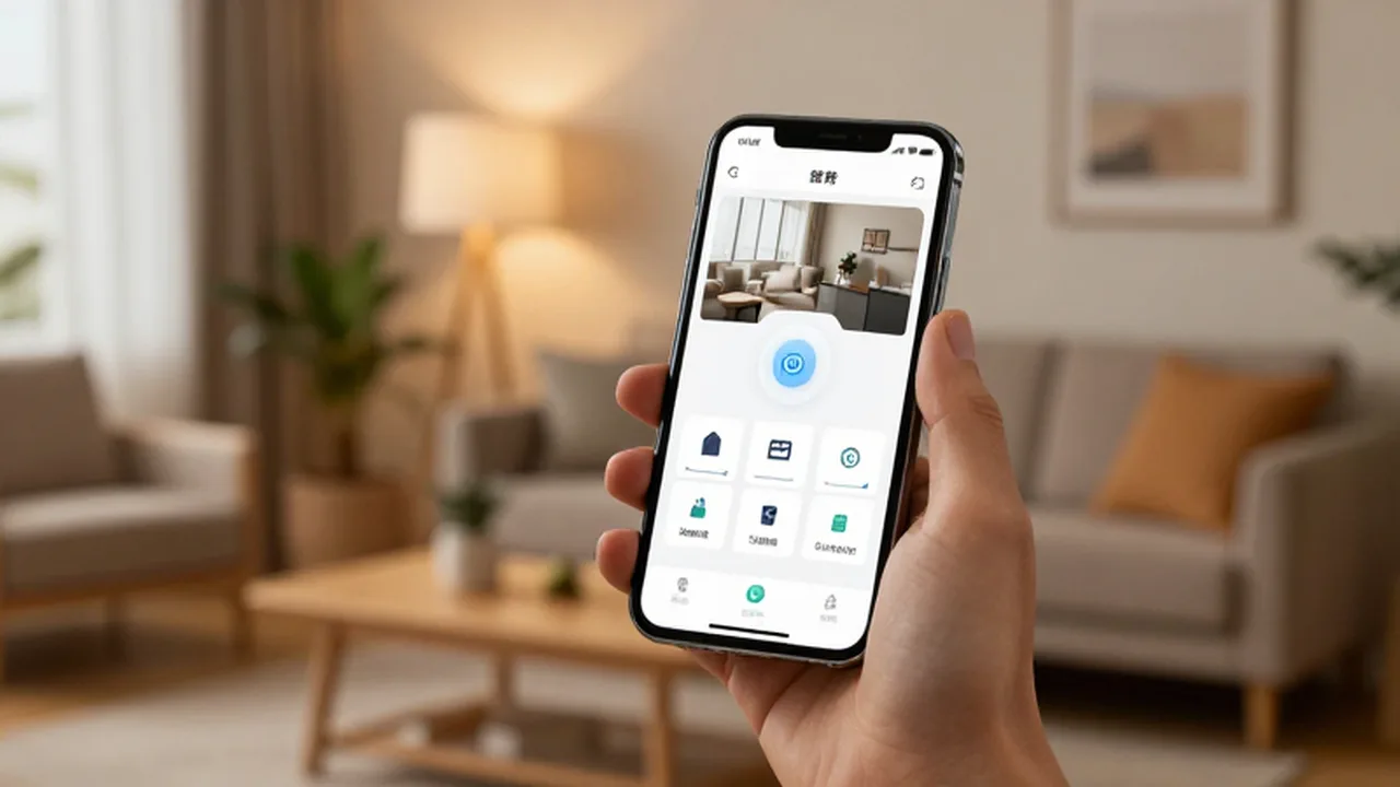 Mano sosteniendo un smartphone con una interfaz de seguridad para controlar una vivienda.
