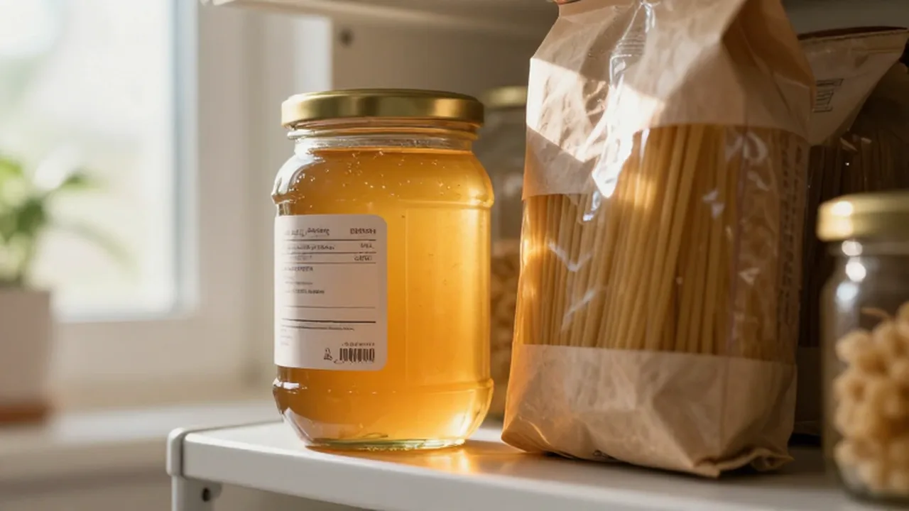 Frasco de miel artesanal y un paquete de pasta junto a una fecha de caducidad en la despensa.