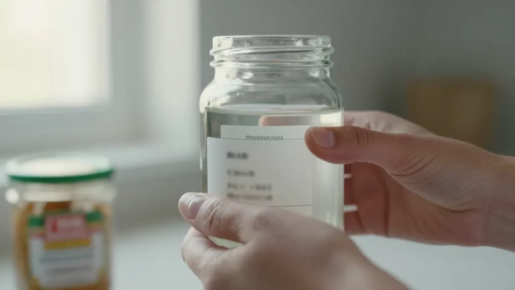 Mano sujetando un frasco con solución de limpieza y un recipiente junto a una fecha de caducidad.