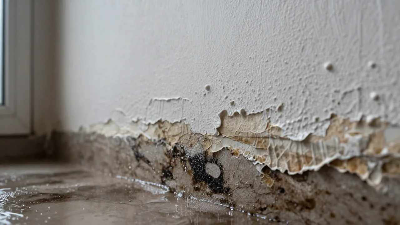 Pared de yeso blanco con manchas de humedad ascendente, pintura descascarada y eflorescencias salinas.