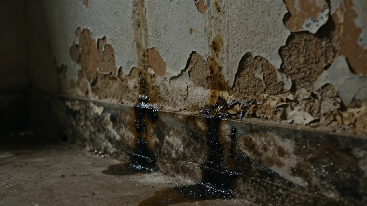 Pared de sótano deteriorada con manchas de humedad, pintura descascarada y restos de salitre.