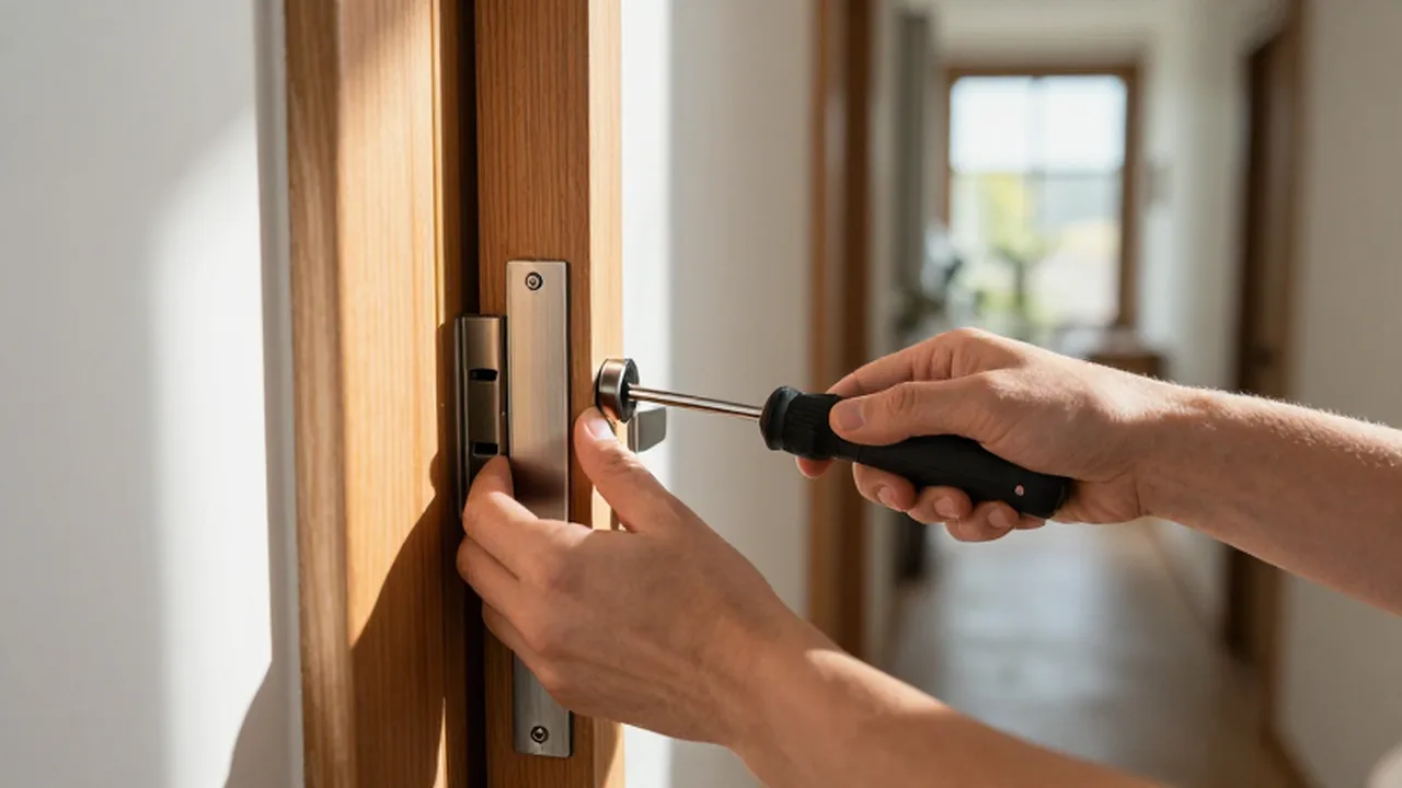 Manos instalando una cerradura metálica moderna en una puerta de madera con luz natural.