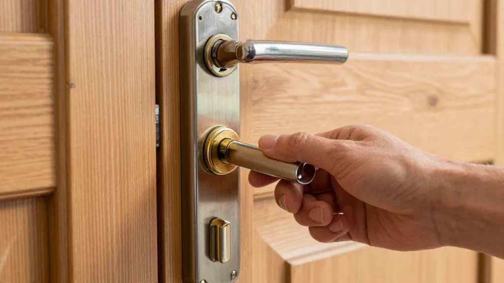 Mano sosteniendo una nueva cerradura de latón frente a una puerta de madera.