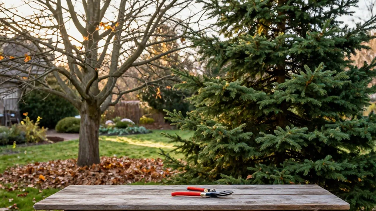 Comparativa entre un árbol caducifolio con ramas desnudas y un pino perenne sobre una mesa de jardín.