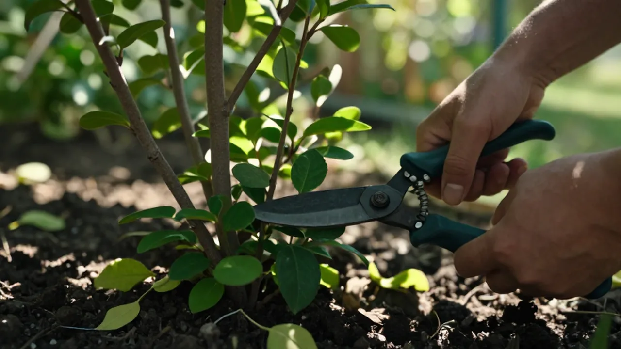 Manos podando un arbusto verde con tijeras profesionales en un jardín soleado.