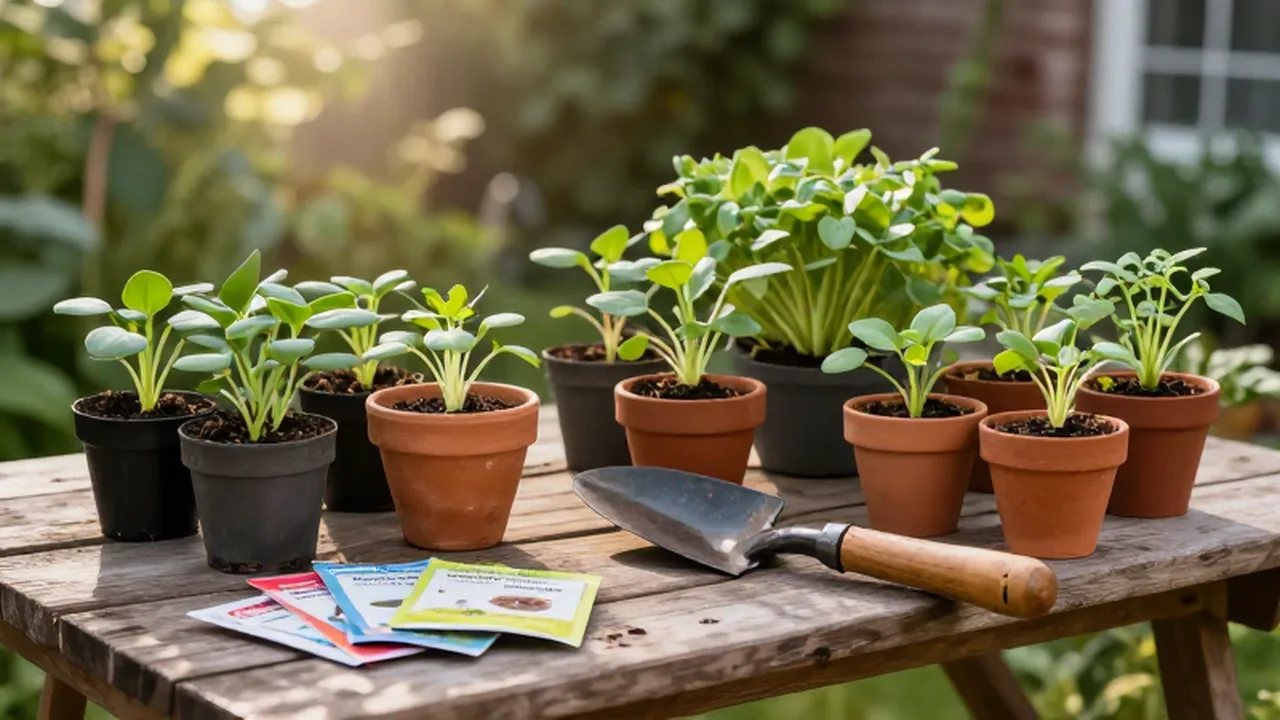 Plántulas de vegetales en macetas de barro sobre una mesa de madera con herramientas de jardinería.