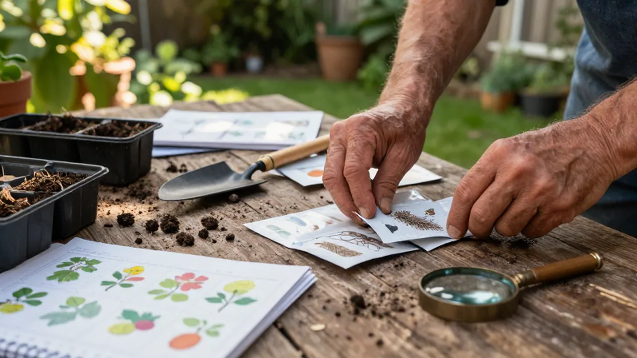 Manos curtidas organizando sobres de semillas y herramientas sobre una mesa de madera en un jardín.