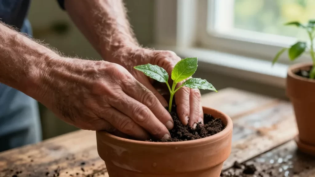 Manos de jardinero presionando tierra fértil alrededor de un pequeño brote en una maceta de terracota.