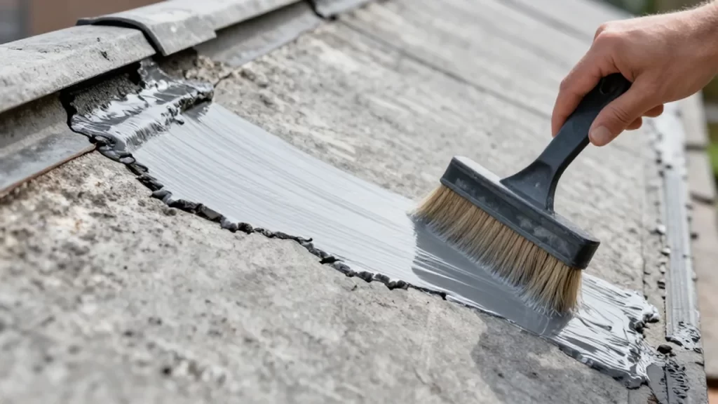 Aplicación de sellador impermeabilizante plateado sobre una azotea de concreto agrietada.
