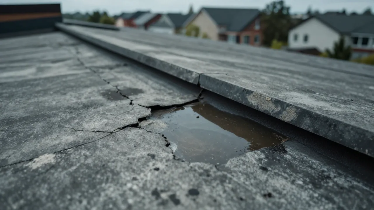 Techo de concreto gris con grietas y un pequeño charco de agua estancada.