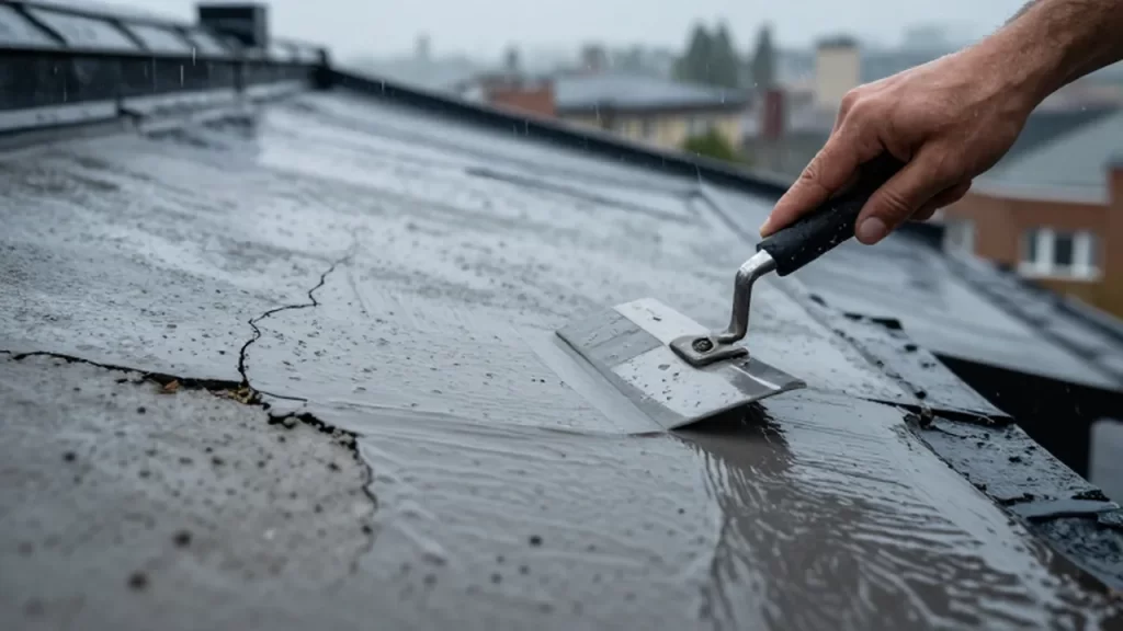 Aplicación de sellador impermeabilizante sobre una grieta en un tejado de concreto bajo la lluvia.