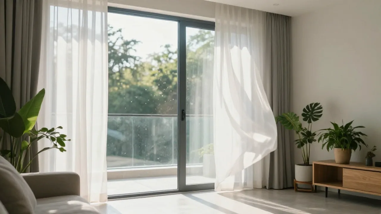 Salón moderno y luminoso con grandes ventanales abiertos y plantas sobre una estantería de madera.