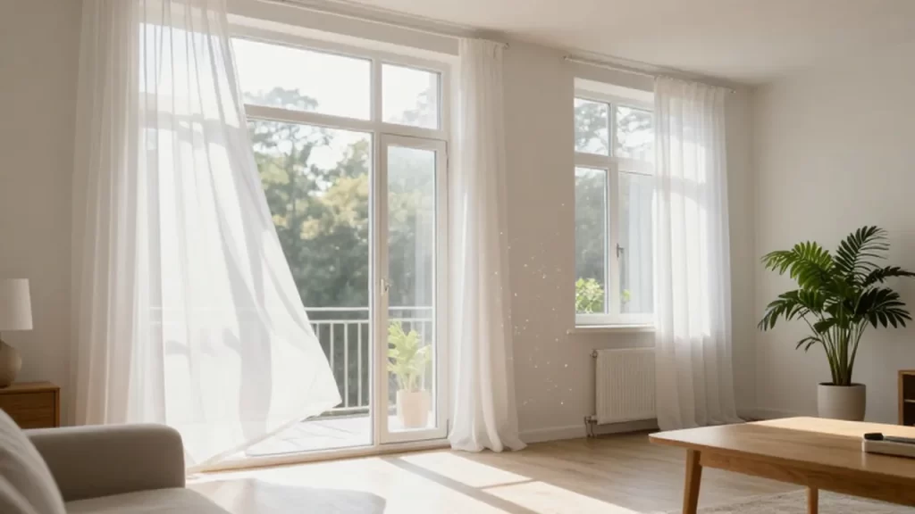 Salón luminoso y minimalista con cortinas blancas movidas por la brisa y luz solar matutina.