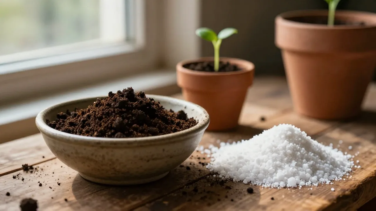Cuencos con compost orgánico y fertilizante mineral junto a un pequeño brote en una maceta.