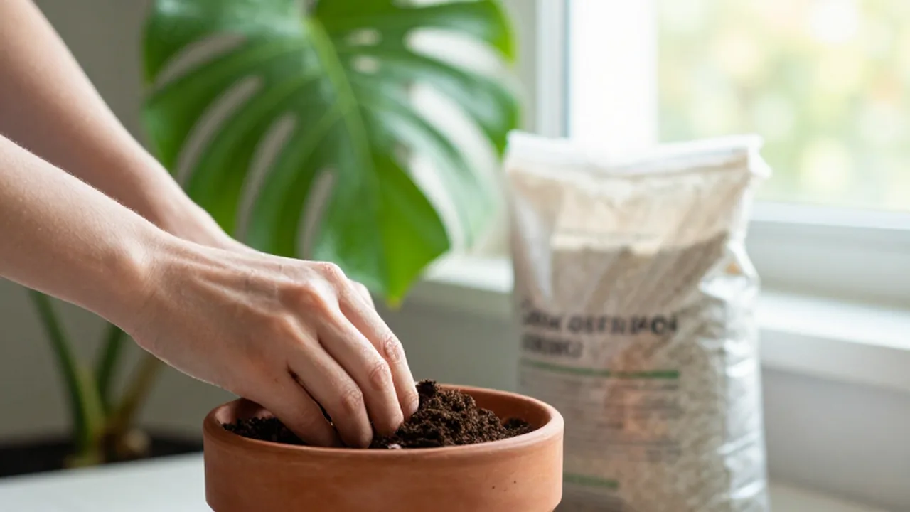 Manos aplicando compost orgánico en una maceta de terracota con hojas de monstera al fondo.