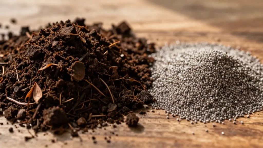 Comparación entre un montón de compost orgánico oscuro y fertilizante químico granular sobre madera.
