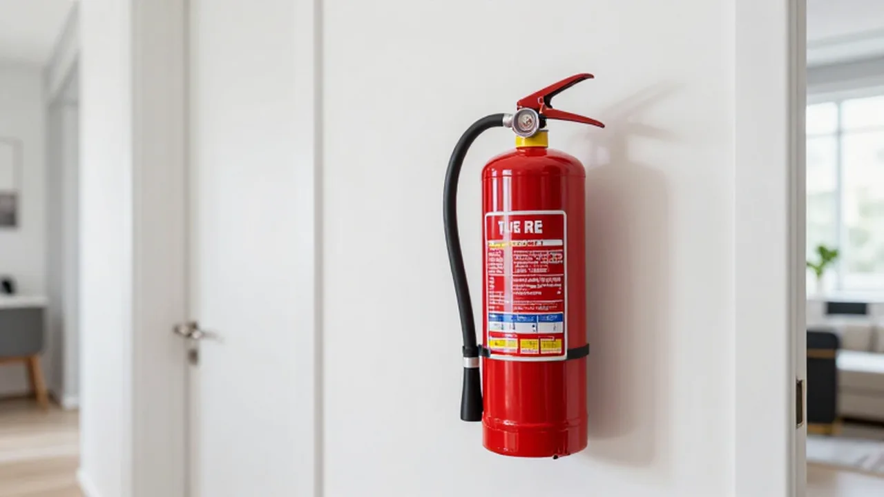 Extintor de incendios rojo montado en un soporte metálico sobre una pared blanca de pasillo moderno.