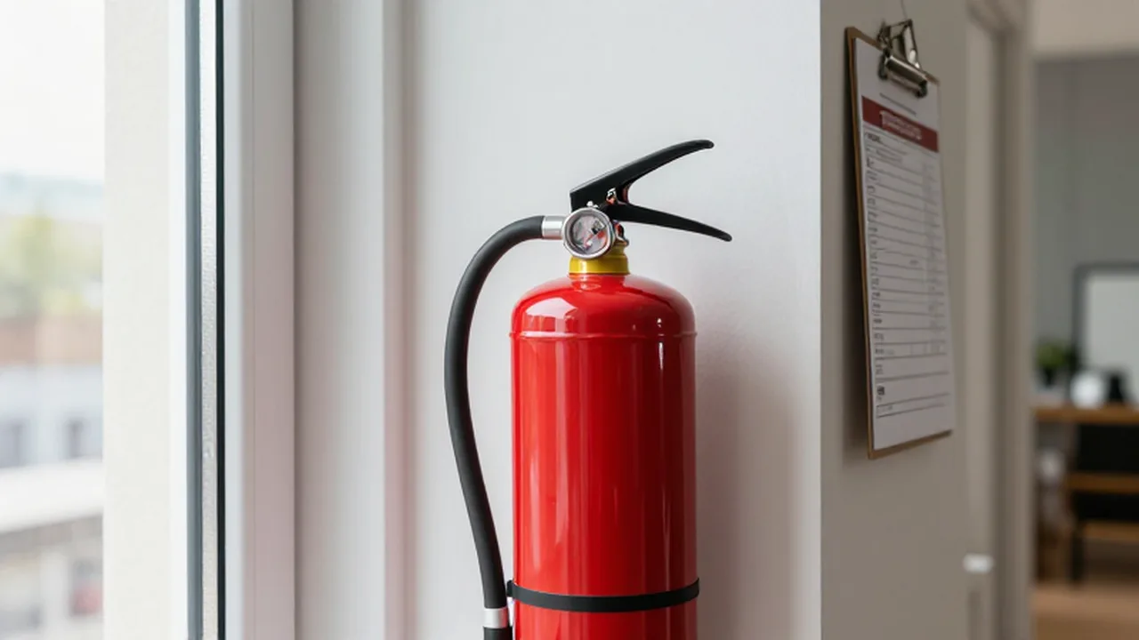 Extintor rojo montado en una pared blanca de un pasillo junto a una lista de mantenimiento.