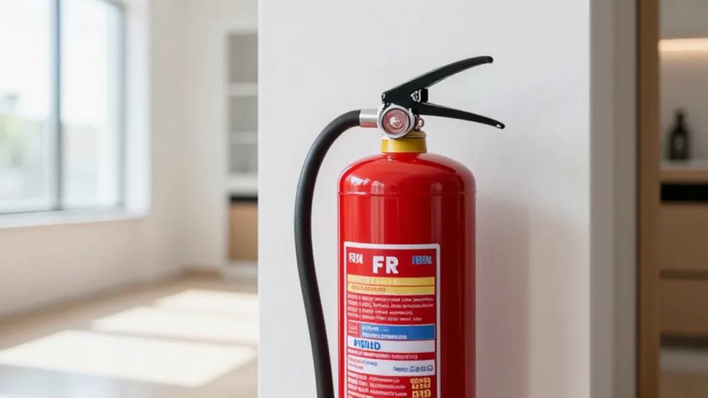 Extintor de incendios rojo montado en la pared blanca de un pasillo moderno y luminoso.