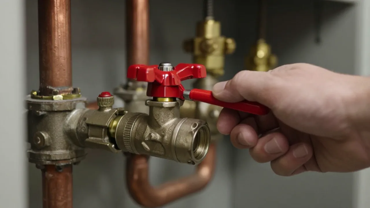 Mano accionando la palanca roja de una válvula de cierre de gas entre tuberías de cobre.