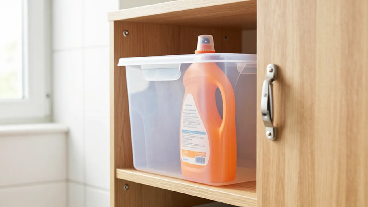 Botella de desinfectante naranja guardada en un contenedor de seguridad sobre un estante de madera.
