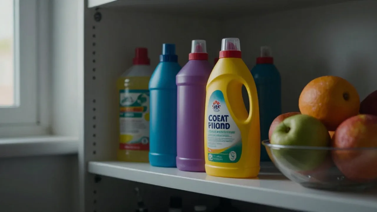 Botella de limpieza de colores brillantes junto a un frutero en una despensa poco iluminada.