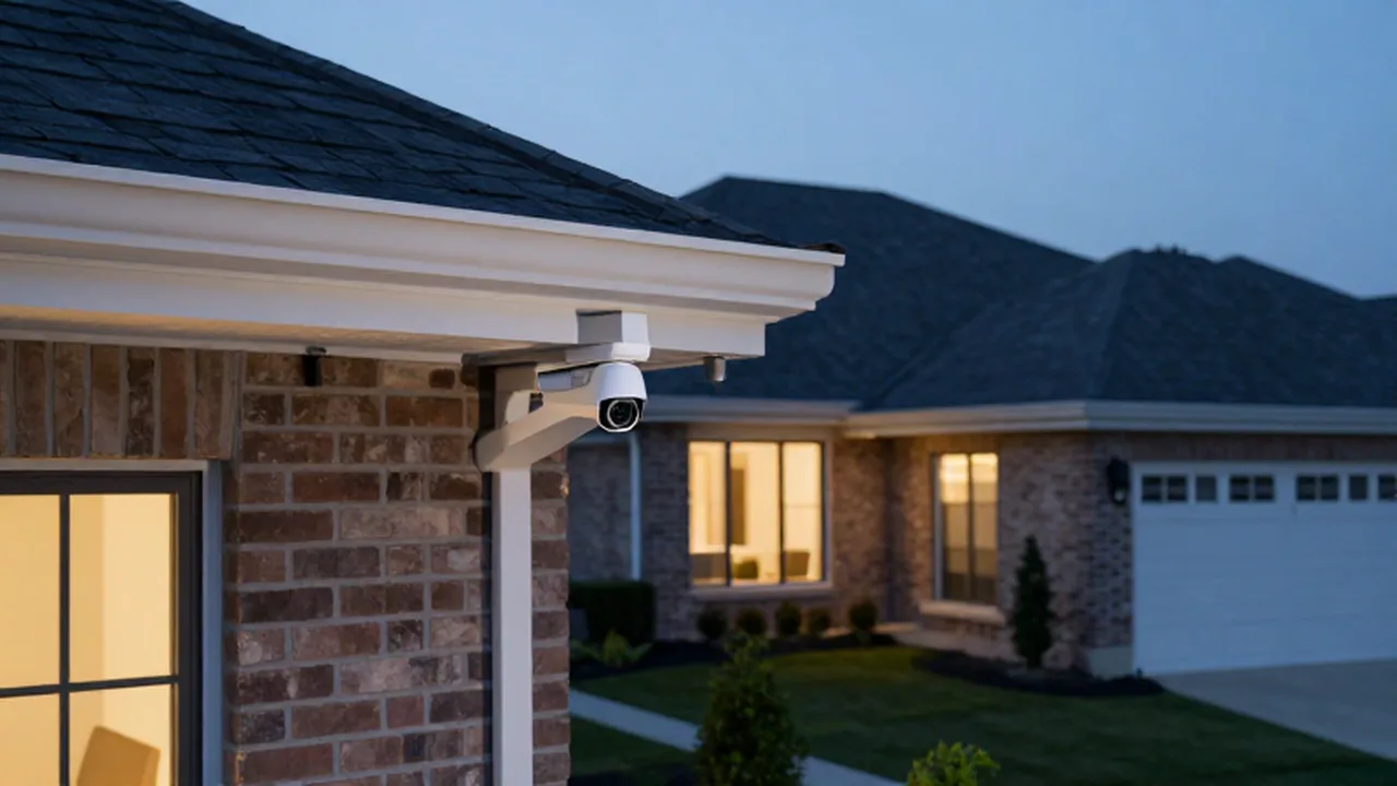 Cámara de seguridad de alta tecnología instalada en el exterior de una casa moderna al atardecer.