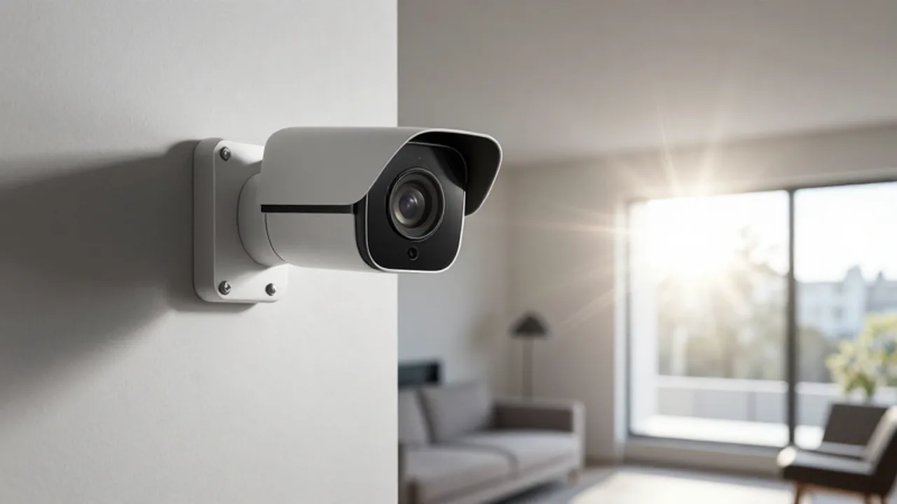 Cámara de seguridad mal orientada en una sala iluminada por una ventana con fuerte destello solar.