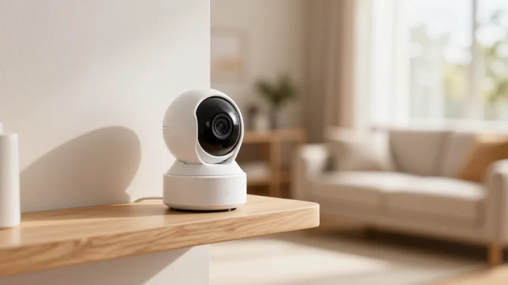 Cámara de seguridad inteligente de color blanco sobre un estante de madera en una sala iluminada.