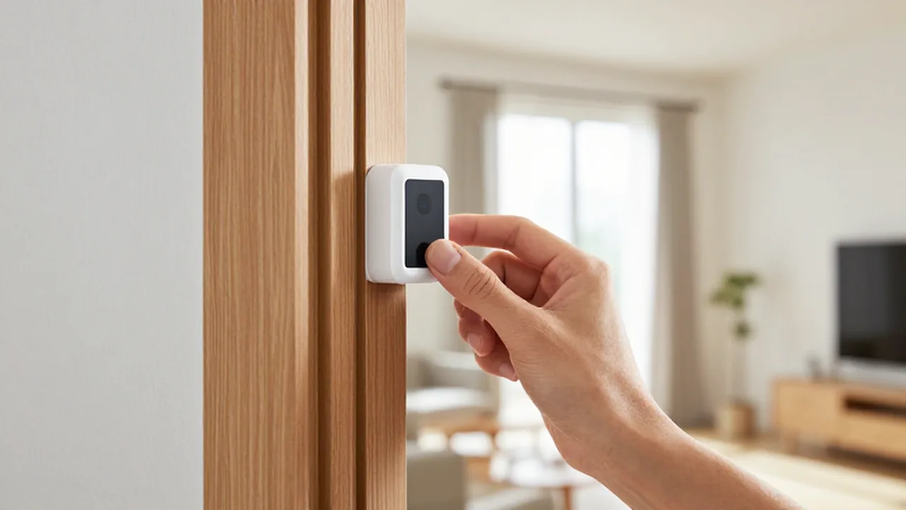 Una mano instala un sensor de contacto inalámbrico blanco en la esquina de un marco de madera.