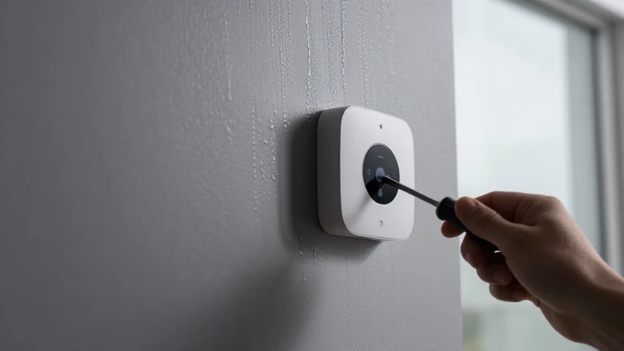 Persona instalando un sensor inteligente en una pared húmeda y con la pintura desconchada.