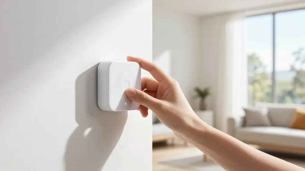 Una mano instala con cuidado un sensor inteligente en una pared blanca de una estancia luminosa.