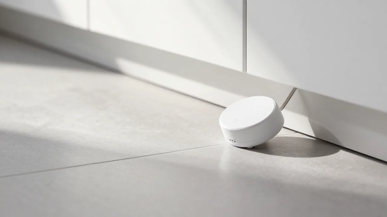 Sensor de agua blanco sobre un suelo de porcelosa gris junto a un mueble de cocina.