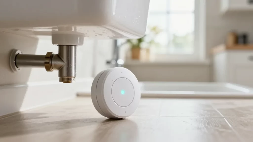 Sensor inteligente de detección de fugas con luz LED junto a una tubería bajo el fregadero.