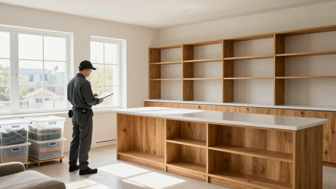 Salón moderno y luminoso con estantes despejados y cajas de almacenaje preparadas para una limpieza.