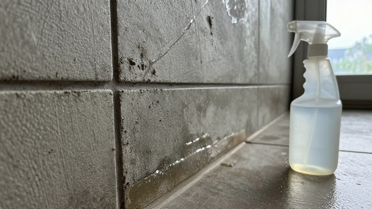 Botella de spray con líquido sobre un suelo de baldosas desgastadas por productos de limpieza.
