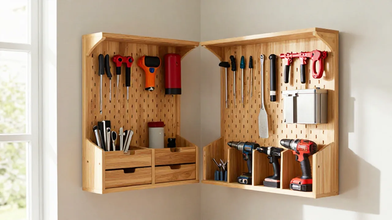 Rincón de taller doméstico con herramientas organizadas en paneles de pared y cajoneras modulares.
