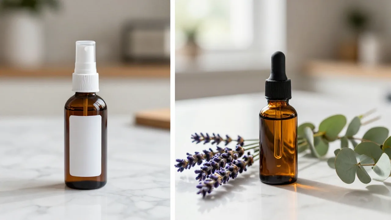 Comparación entre un pulverizador sintético moderno y un frasco de gotas con plantas aromáticas.