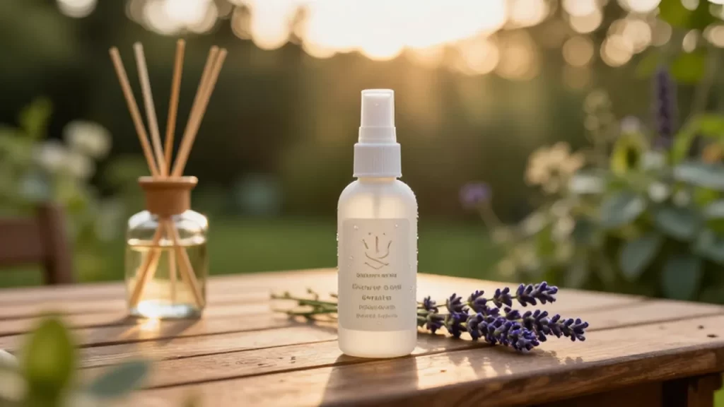 Frasco de repelente ecológico sobre una mesa de madera rodeado de lavanda y aceites esenciales.