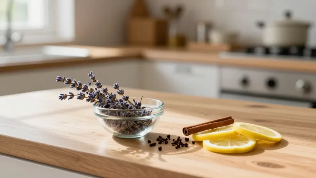 Cuenco de vidrio con lavanda y clavos junto a rodajas de limón y canela sobre madera.