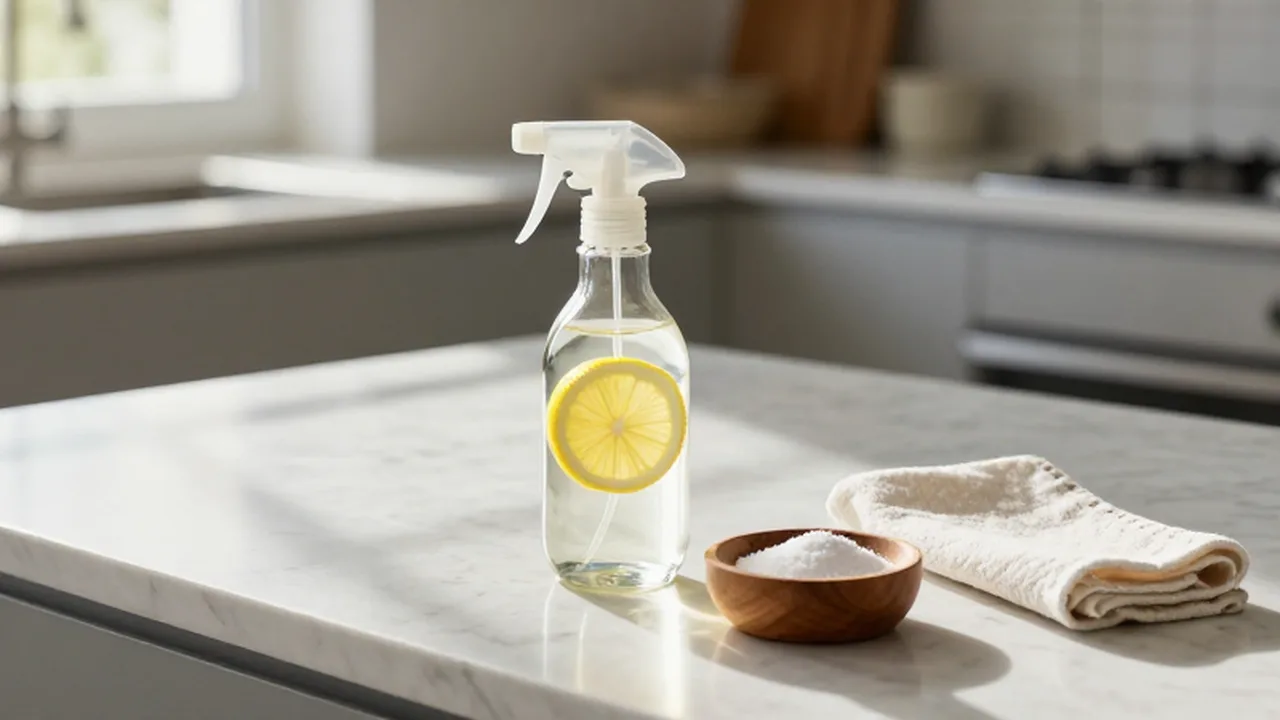Botella de spray con rodaja de limón y cuencos de limpieza sobre una encimera de mármol.