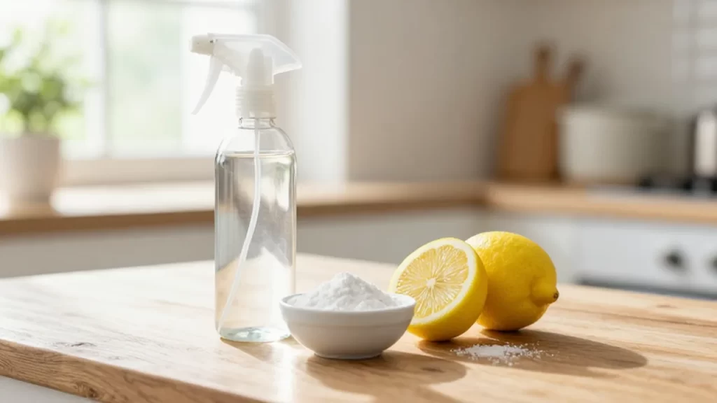 Ingredientes naturales de limpieza con un pulverizador