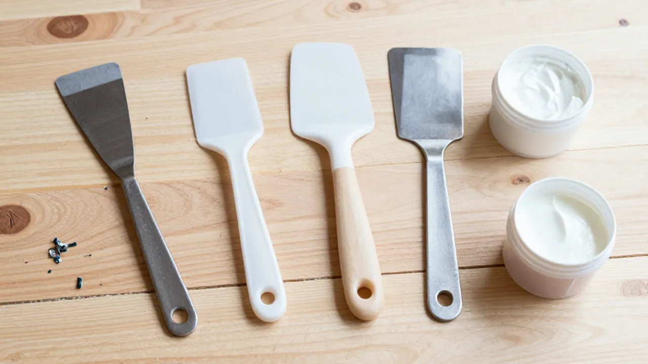 Diferentes espátulas de metal y plástico junto a un bote de masilla sobre un banco de madera.